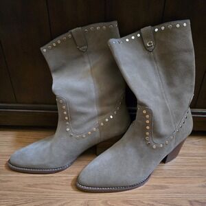 COACH Taupe Leather Suede Studded Western Cowboy Boots Booties Pheobe Women 9.5